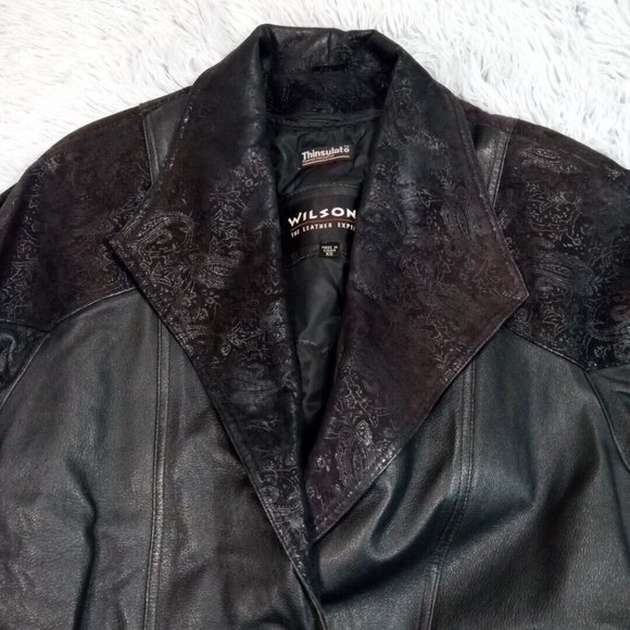 Wilsons Womens Jacket Coat Leather Black XS Thinsulate Snap Up Pockets Floral‎ - Picture 6 of 16